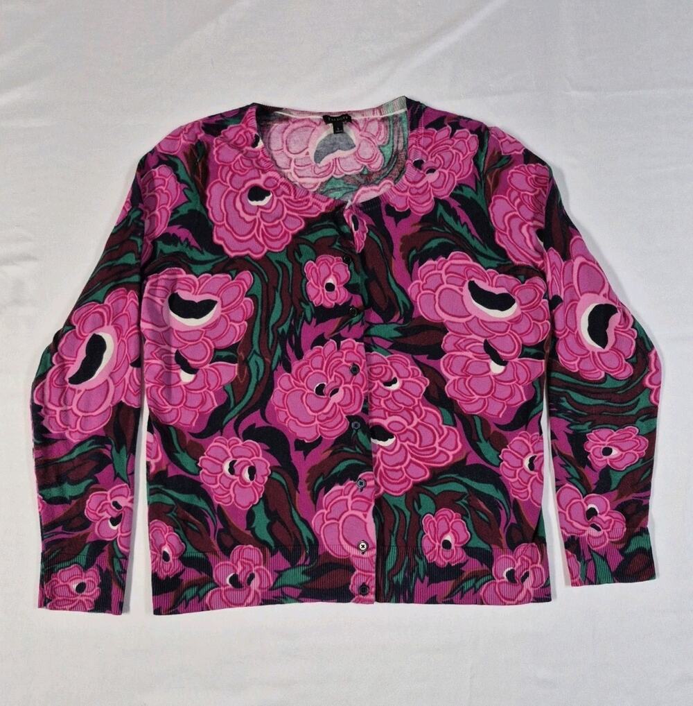 Talbots Cardigan Sweater L Pink Magenta Peony Floral Knit Crewneck Button Front